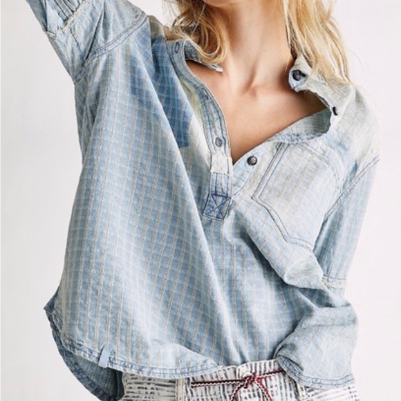 We The Free Washed Light Blue Plaid Pullover Shirt - Picture 3 of 5